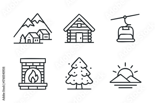 Cozy mountain retreat with cabin, lift, tree, and sunset scene. Set of 6 vector illustration