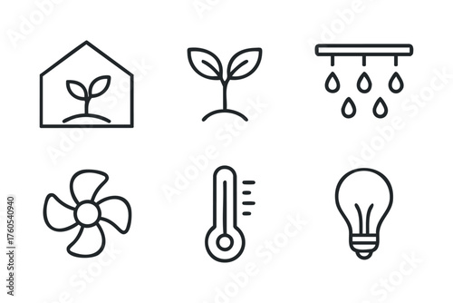 Gardening essentials for nurturing plants indoors with climate control. Set of 6 vector illustration