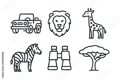 Safari adventure icons featuring wildlife and nature elements. Set of 6 vector illustration