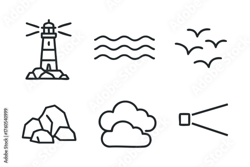 Coastal scene with lighthouse, waves, birds, and clouds for design. Set of 6 vector illustration