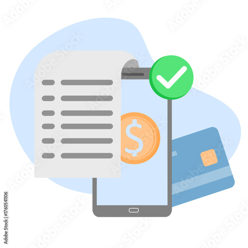 Receipt, Invoice, and Bill Icons. Bill payments with ATM cards and financial security for online shopping, online payments using cards with payment protection concepts. Vector illustration.