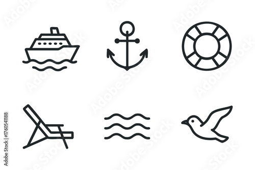 Nautical themes with a boat, anchor, lifebuoy, and ocean symbols. Set of 6 vector illustration