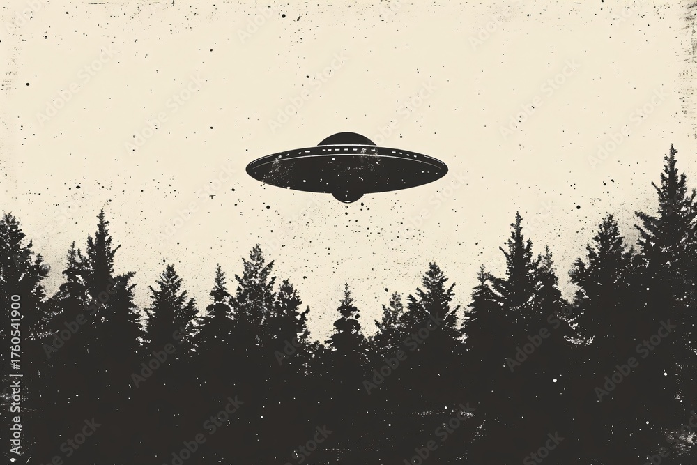 Fototapeta premium Ufo flying over pine forest, a classic alien spaceship sighting in a peaceful natural environment. Extraterrestrial encounter illustration.