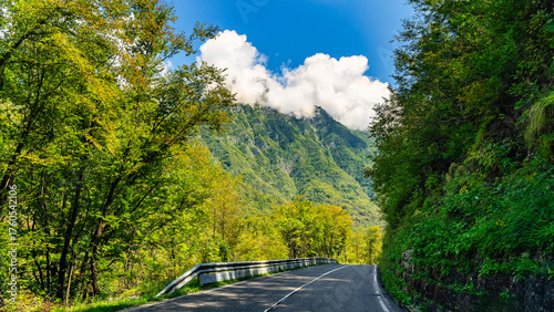 A road that runs through the valley of the circuit of famous waterfalls in the northern Alps of Slovenia.