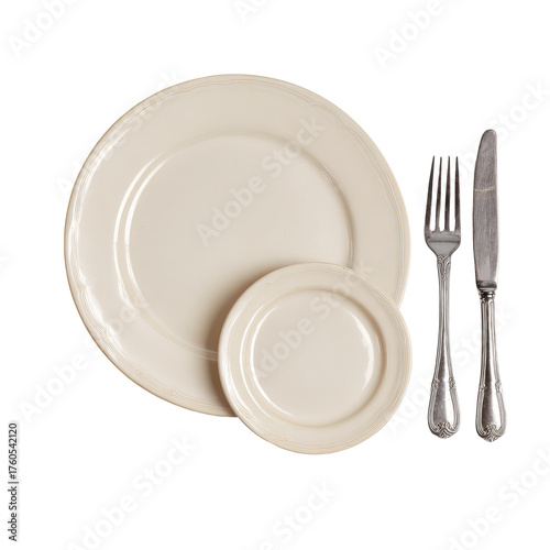 Cream-colored dinnerware with fork and knife