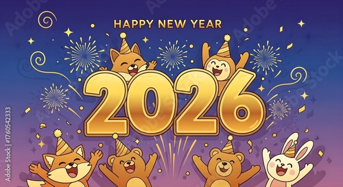 Happy New Year 2026 celebration with cute cartoon animals.
