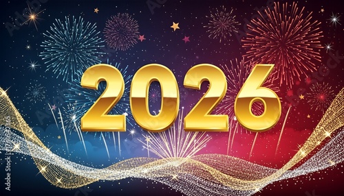 Happy New Year 2026 celebration with golden numbers and fireworks.