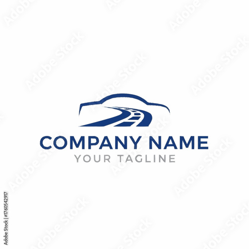 Sleek blue car silhouette with a winding road design for a company logo.