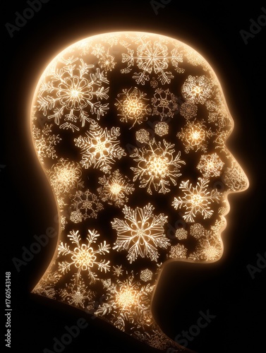 Snowflakes shine brightly within a human profile outlined against darkness, symbolizing the connection between winter and creativity on a serene canvas.