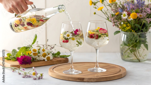 Pouring refreshing flower infused water into a glass with edible flowers on a wooden board, surrounded by a bouquet of wildflowers on a white table