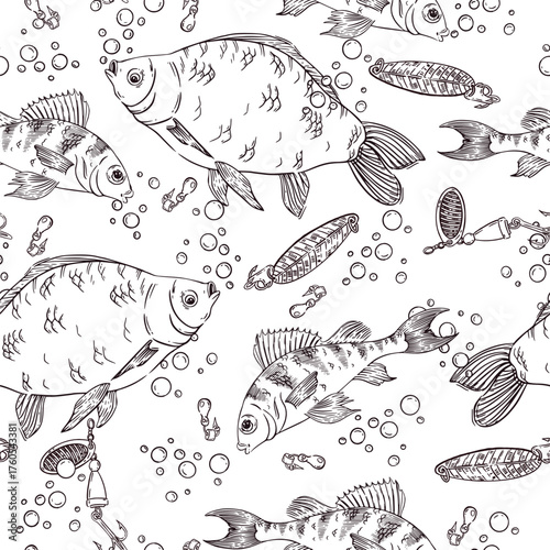 Seamless vector pattern on the theme of fishing, crucian carp, perch, air bubbles, hooks, spoon and bait for fishing. All objects are hand-drawn with ink. For booklet design, printing.