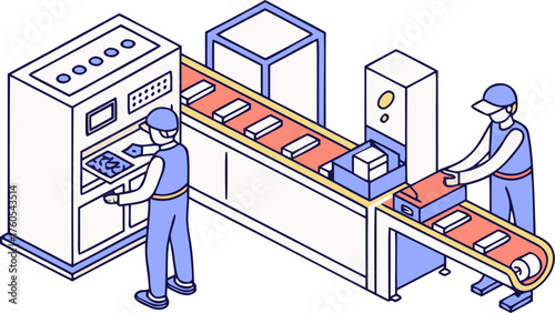 Factory worker operates dangerous machine while safety engineer inspects steel bar production. Industrial risk, safety inspection, and manufacturing concept isometric vector.