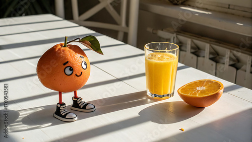 Whimsical orange character with googly eyes and sneakers standing next to a glass of fresh orange juice on a white table in bright sunlight
