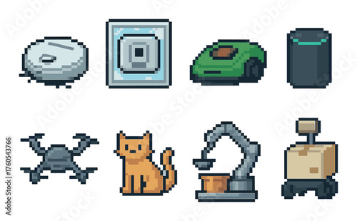 Retro pixel art of modern smart home devices and robot companions