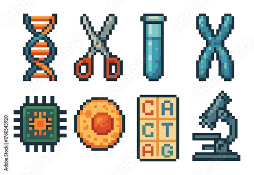 Pixel art science icons: dna, microscope, test tube, chromosomes, cell, genetics