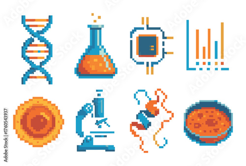 Pixel art science icons featuring dna, microscope, and chemical beaker