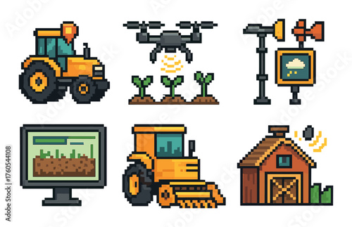 Pixel art of modern farming: tractor, drone, plants, weather station, monitor, barn