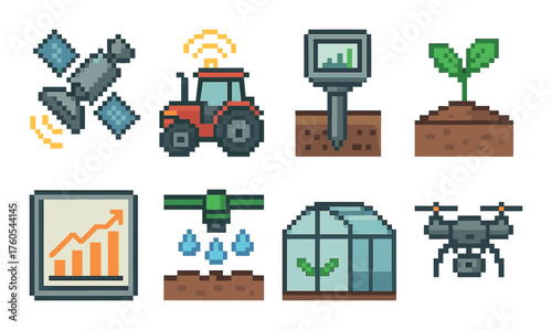 Pixel art icons of modern agriculture technology with drone and smart farming tools