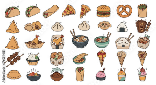 Global Street Food Doodle Icons Pack - Tacos, Dumplings, Ramen, Bento, Ice‑Cream Vector
