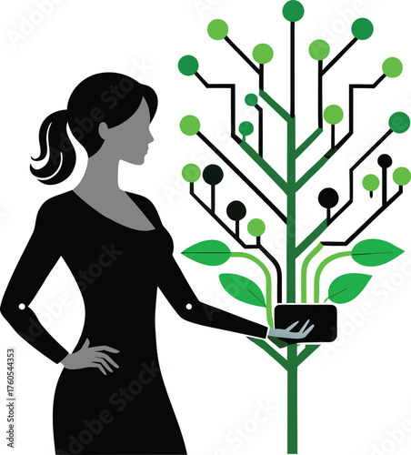 Woman Holding Device Growing a Circuit Tree – Fusion of Nature and Technology Vector Art"