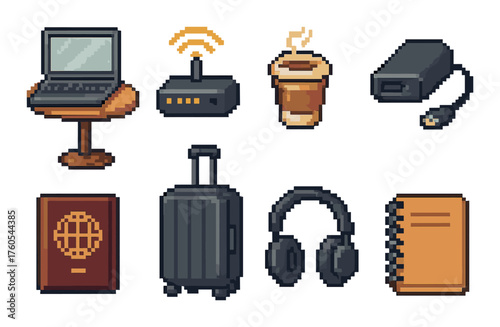 Pixel art travel essentials: laptop, router, coffee, power bank, passport, suitcase, headphones, notebook
