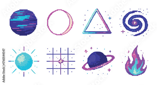 Neon pixel art of cosmic and geometric shapes in glowing colors