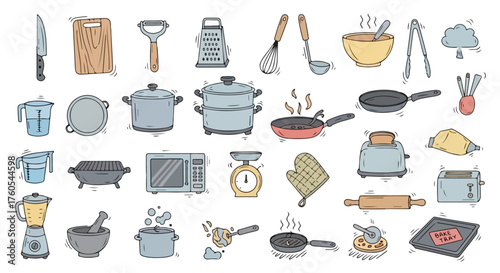 Hand‑Drawn Kitchenware Icon Set - Doodle Cooking Utensils, Pots, Pans & Appliances Vector