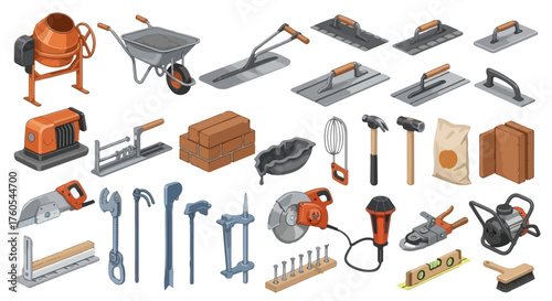 Masonry & Concrete Tools Vector Icons - Cement Mixer, Trowels, Floats, Rebar, Bricklaying Set