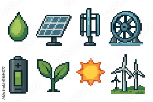 Pixel art icons of renewable energy sources: wind, solar, hydro, biomass, geothermal, battery