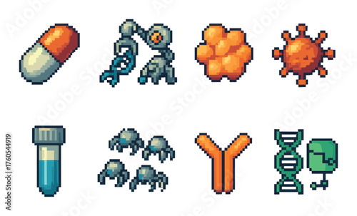 Retro pixel icons of medicine and science: pill, robotics, cells, test tube, antibody, dna