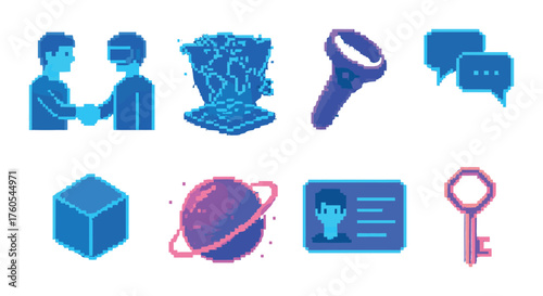 Neon pixel art: virtual reality, technology, and communication icons in blue and pink glow