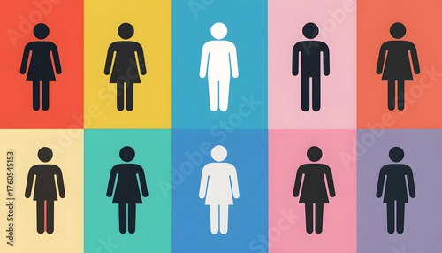 Conceptual gender equality infographic with overlapping symbols in circular abstract composition and soft pastel hues.