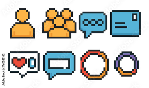 Vibrant pixel art icons of communication and social interaction