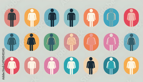 Circular infographic with intertwined gender icons, minimalist abstract design in soft pastel pink, blue, and beige