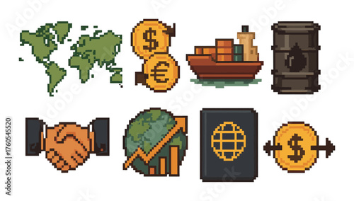 Pixel art: global trade and economy symbols with map, currency, and oil barrel