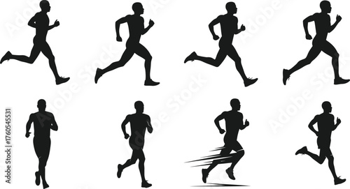 Running silhouettes, athletic motion, jogging cycle, human stride, sports training, speed lines, dynamic poses, black figures, vector art, isolated runners