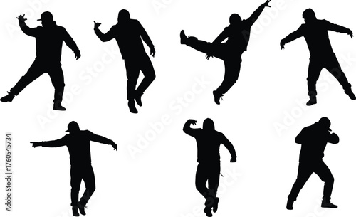 Silhouette dancers in dynamic street dance poses, energetic movement, hip hop choreography, urban style, expressive body motion, white background, performance art
