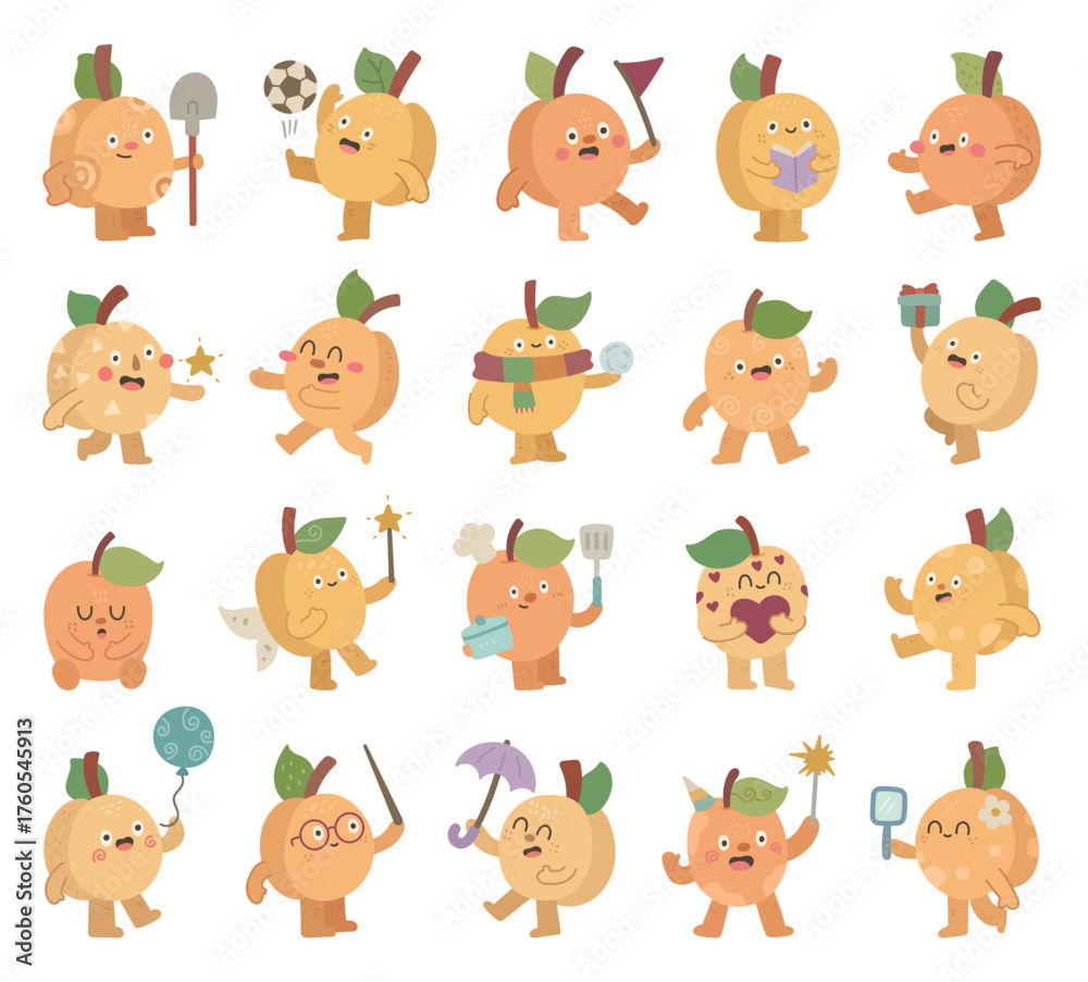 Obraz premium Apricot character set in scandinavian style showing different emotions and poses while playing with soccer ball, reading book, holding gift, balloon, mirror, sparkler, heart