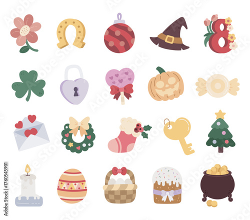 Festive attribute set in scandinavian style showing traditional christmas easter halloween and valentine decorations that celebrate joy family warmth and meaningful seasonal holiday traditions