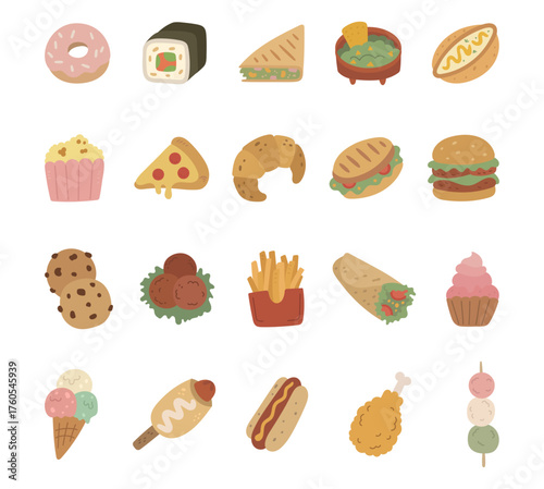 Fast food set in scandinavian style with donut, sushi, tacos, guacamole, khachapuri, popcorn, pizza, croissant, panini, hamburger, cookie, meatballs, shawarma, ice cream, dango