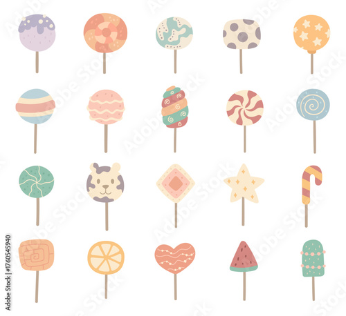 Lollipop set in scandinavian style showing different shapes tasty desserts, caramel treats and confectionery perfect for your illustration and creative designs projects