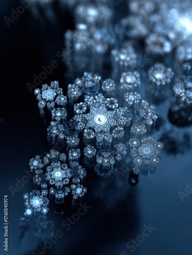 A mesmerizing arrangement of ice crystals displays complex patterns in shades of blue, showcasing natures beauty in winters chill.