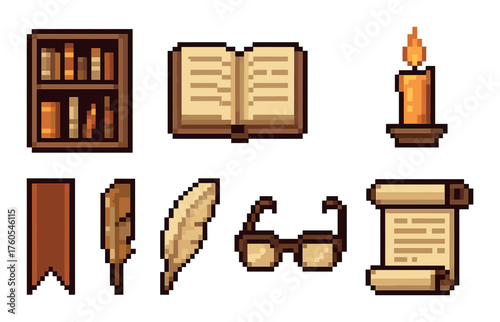 Vintage pixel art book, candle, and writing tools on brown background
