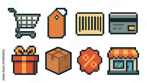 Pixelated shopping icons: cart, tag, barcode, card, gift, box, discount, storefront
