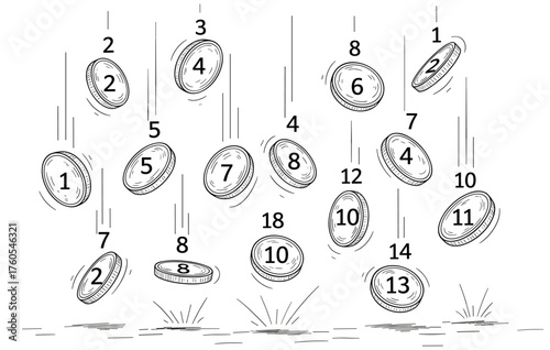 Falling coins illustration, numbered currency bouncing off ground with motion lines and impact marks, dynamic vector for physics or math concepts
