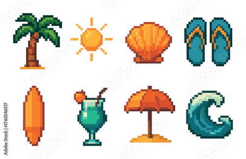 Pixel art beach icons: palm, sun, shell, flip-flops, surfboard, cocktail, umbrella, wave