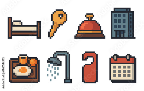 Pixel art hotel icons: bed, key, bell, building, breakfast, shower, do not disturb, calendar