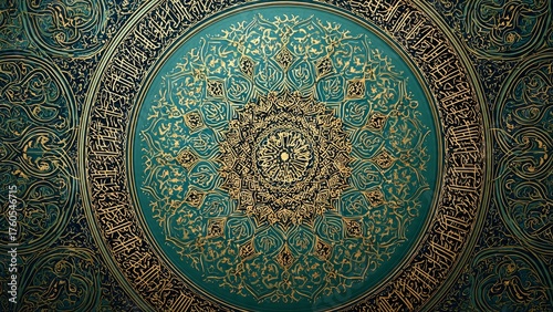 Intricate gold Arabic calligraphy patterns adorn a deep teal circular mandala design