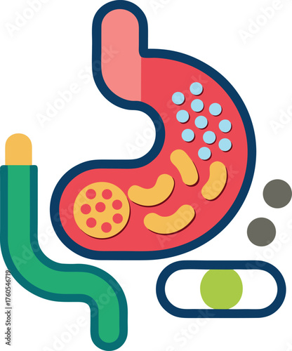 Stylized Digestive System Illustration – Abstract Stomach and Intestines with Food Particles and Probiotics