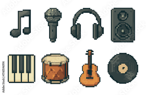 Pixel art music icons: microphone, headphones, guitar, speaker, vinyl, drum, piano, note